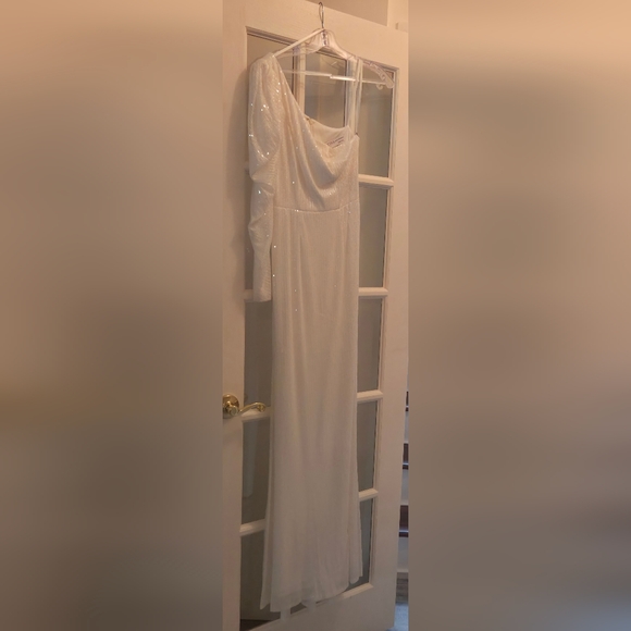 Mac Duggal Sparkling White One Shoulder Triumpet Long Sleeve Dress- HOMECOMING!! - Picture 6 of 12